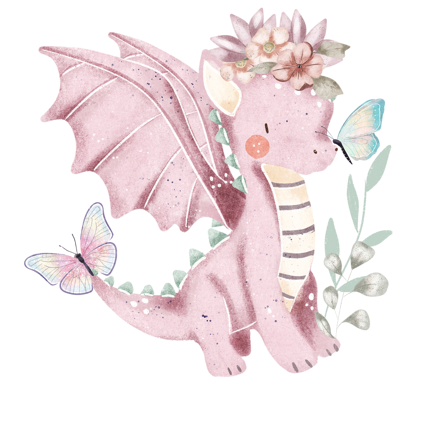 Bügelbild Drache Lila mit Blumen und Regenbogen