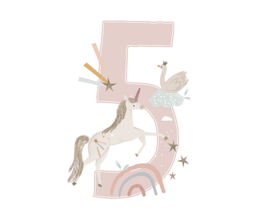 Bügelbild Geburtstagszahl 'FÜNF' Einhorn